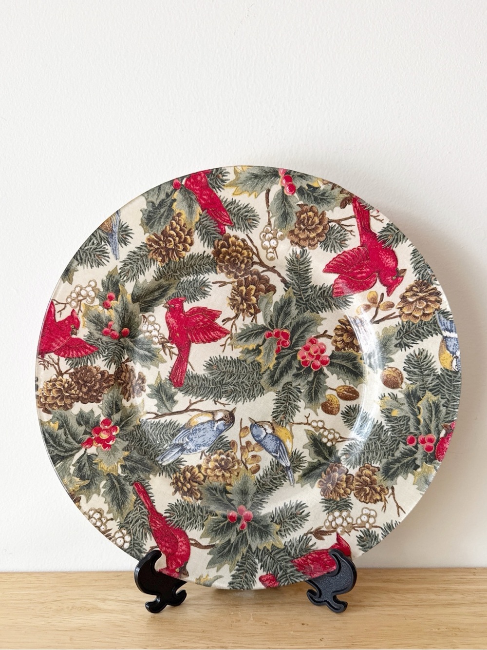 Vintage V.I.P Cranston Decoupage Glass Holiday Display Plate Cardinal Holly 9.5”